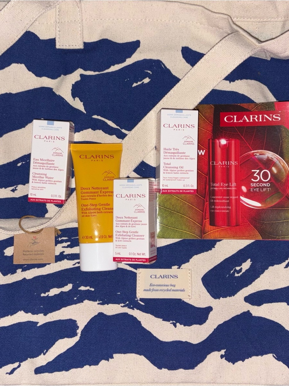 Clarins Animal Print Tote with Variety of Clarins Products - NEW
